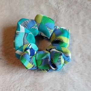 3/$20 - Colourful Geometric Hair Scrunchie in Blues and Greens
